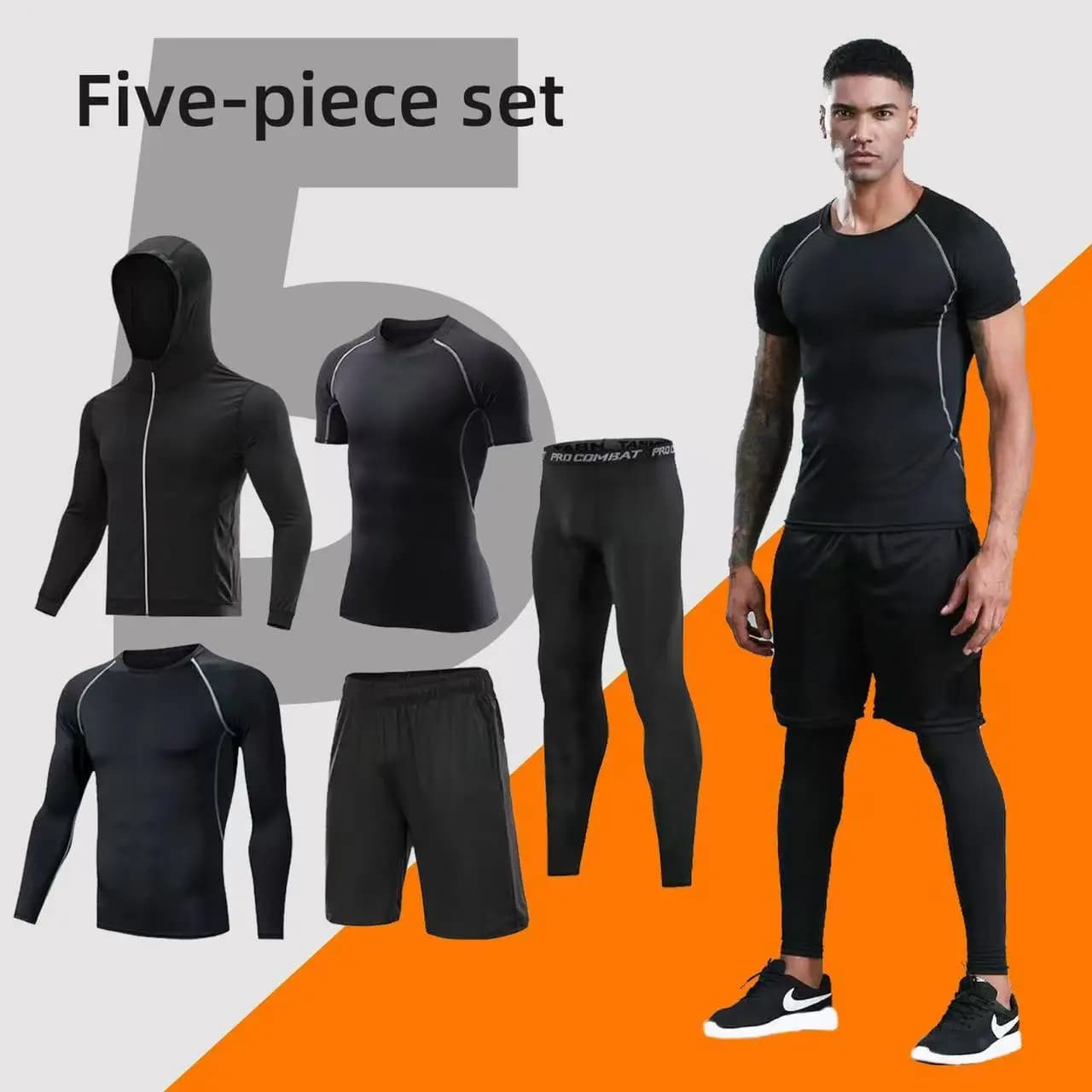 Set da Allenamento a Compressione 5 Pezzi per Uomo, Abbigliamento Sportivo Traspirante ad Asciugatura Rapida per Corsa e Fitness