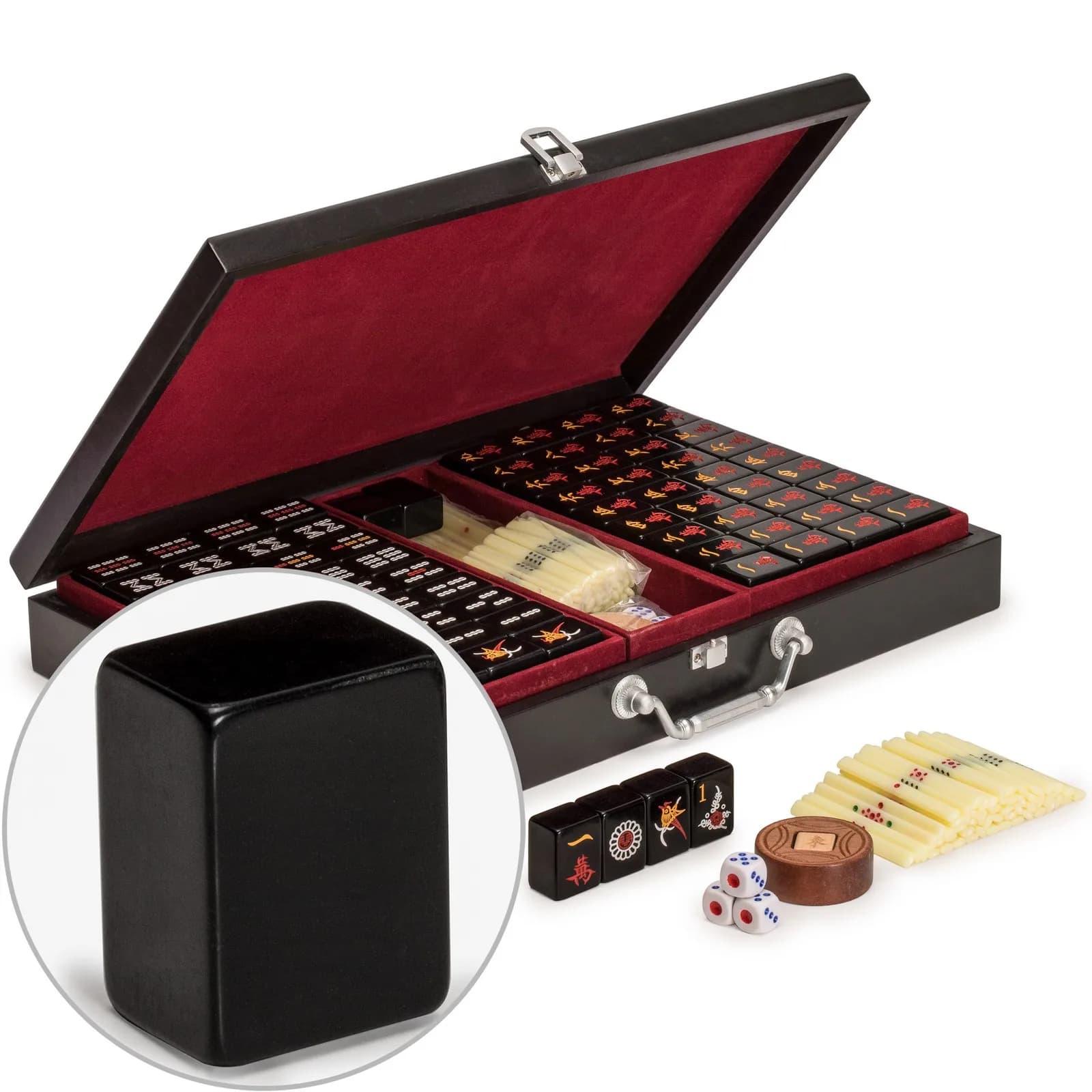 Set da gioco Mahjong cinese Jet Set con 148 tessere nere e custodia in legno