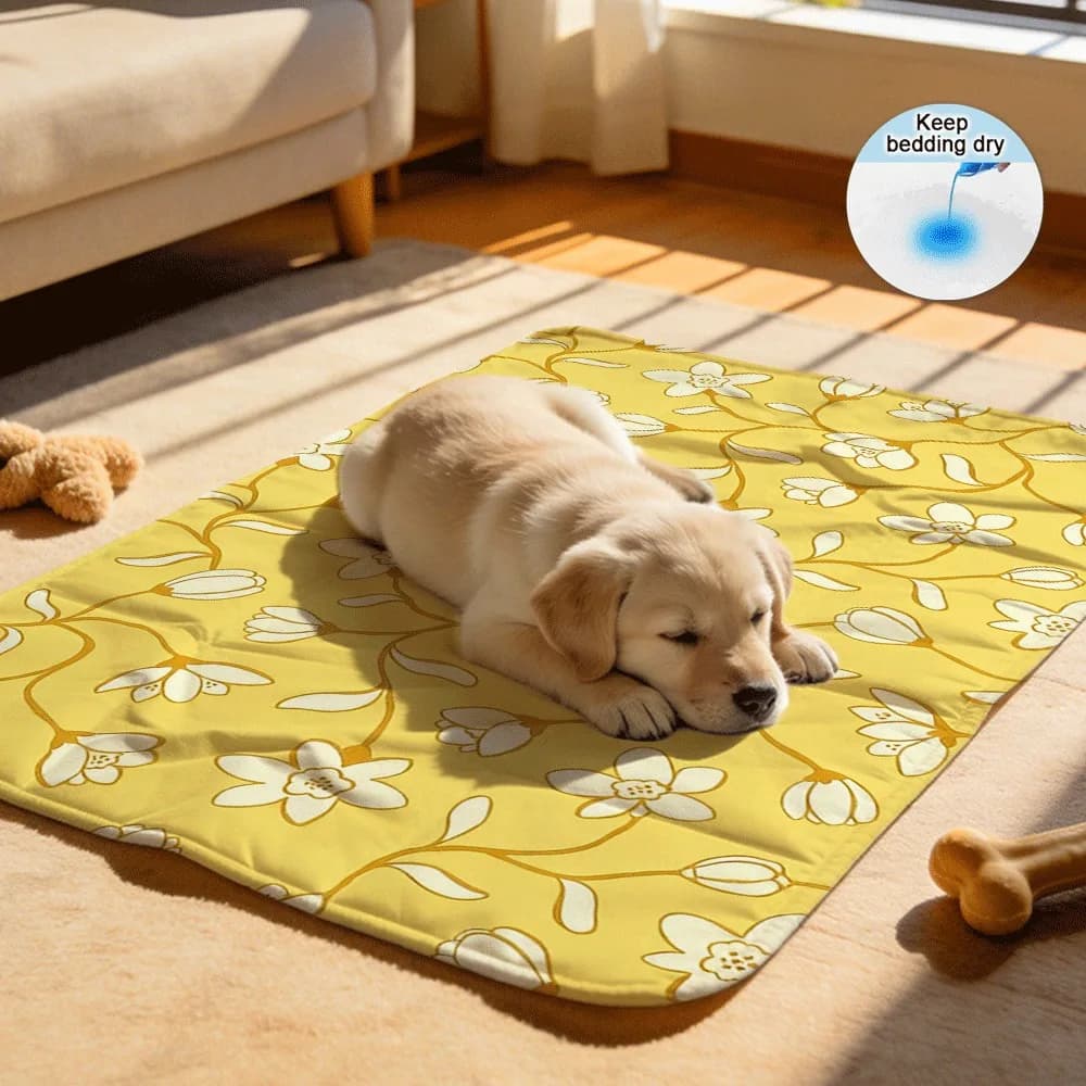 Sunny yellow floral cute fresh print Reusable Senior Dog Underpads Washable Absorbent for Incontinence Elderly Pets