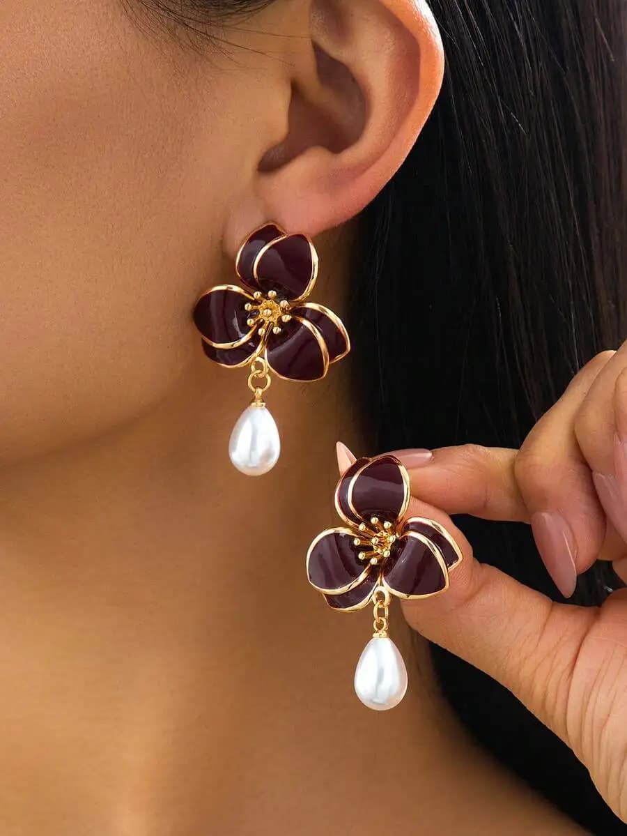Burgundy Enamel Floral Drop Earrings With Pearl Pendant For Women Fashion Jewelry Gift