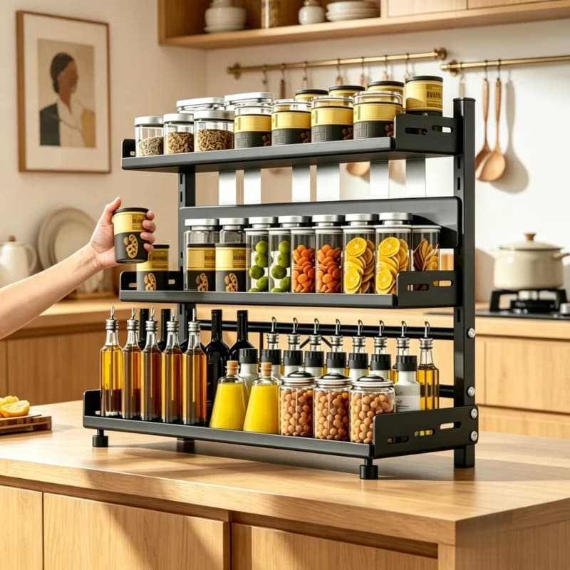 Scaffale da Cucina a 3 Ripiani in Metallo, Organizzatore Regolabile per Spezie, Pratico Portaoggetti Nero per Armadietti da Cucina
