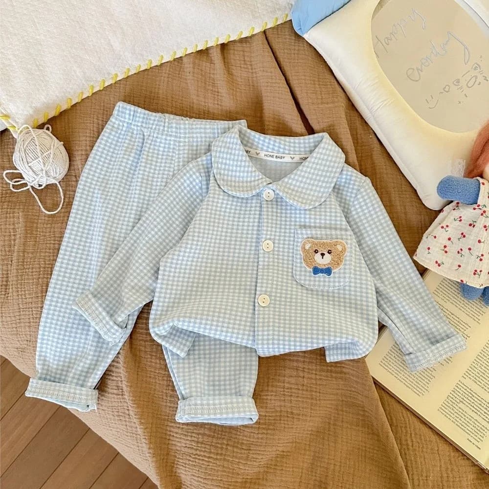 Long Sleeve Kids Pajamas Suits Plaid Printed Pajamas Top Bottom Loungewear Sets Two-Piece Set Children's Sleepwear Autumn Spring