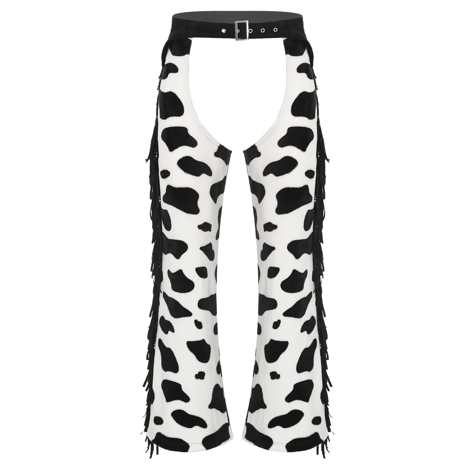 Mens Cow Spot Western Cowboy Chaps Costume Cosplay Modello Pantaloni lunghi in flanella Nappa laterale con apertura sul cavallo Pantaloni da equitazione da ciclismo