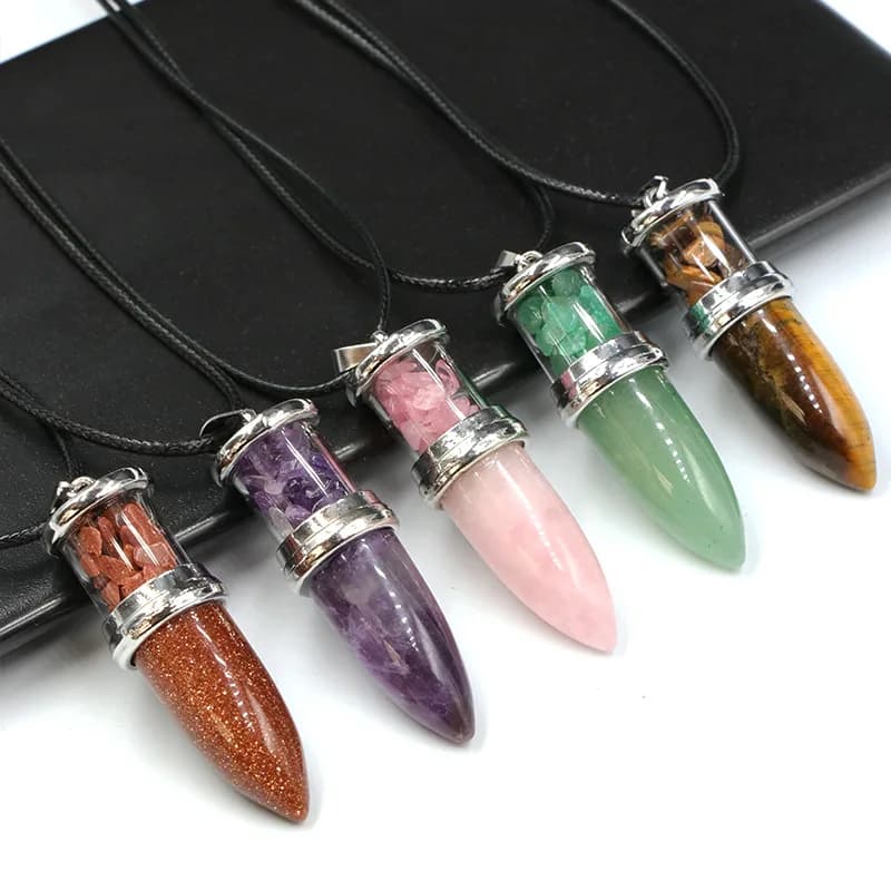 1 Pezzo Collana con Ciondolo in Pietra Naturale, Pendolo a Forma di Proiettile in Ametista e Quarzo Cristallino, per Guarigione Reiki, 17x52mm