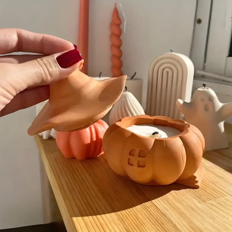 Set da 2 Pezzi Stampo in Silicone per Contenitore a Forma di Cappello di Halloween e Vaso Portacandele a Forma di Zucca, per Resina Fai da Te e Decorazioni di Halloween
