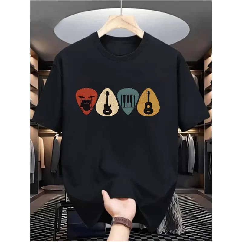 Vintage Music Lover T Shirt Retro Guitar Picks Graphic Tee Drum Piano Guitar Musician Gift Summer Short Sleeve Unisex Tops