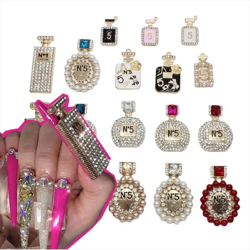 Bottiglia di profumo di perle di olio di goccia di profumo di piccola fragranza di lusso leggera di grandi dimensioni da 2 pezzi con ciondolo per unghie di diamanti Accessori per unghie fai da te fatti a mano
