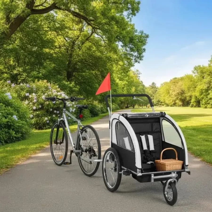 2 Seat Bike Trailer with 5 Point Harness, Baby Bike Stroller with Safety Flag, Reflectors, for 18+ Months, Black