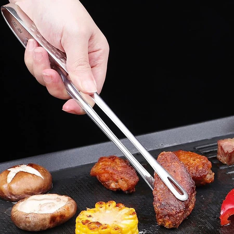 Stainless Steel Long Kitchen Grips Heat Resistant Non-slip Barbecue Grips for Seafood Steaks Buffet Salad Cooking Tools