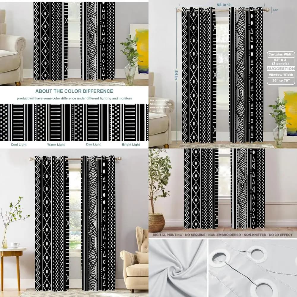 Tende oscuranti geometriche di ispirazione africana, design tribale bianco e nero, termoisolanti, con occhielli, 52x84 pollici (2 pezzi)