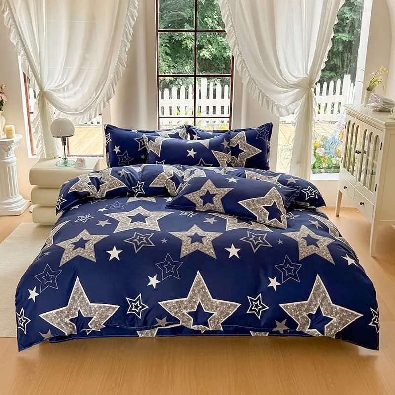 Set di biancheria da letto con stampa a stelle, 4 pezzi, biancheria da letto morbida e traspirante con copripiumino, federe e lenzuolo, misura Full/Queen/King