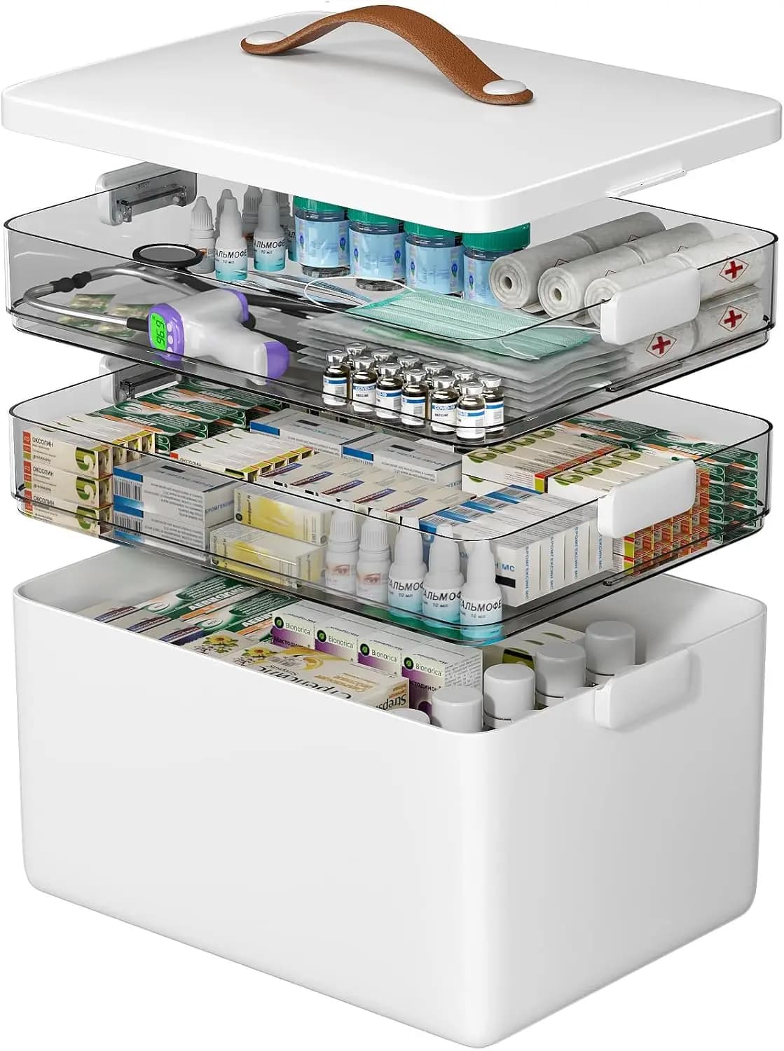 Organizzatore Portatile per Medicinali a 3 Livelli con Manico in Pelle, Kit di Pronto Soccorso Vuoto per Conservazione Domestica