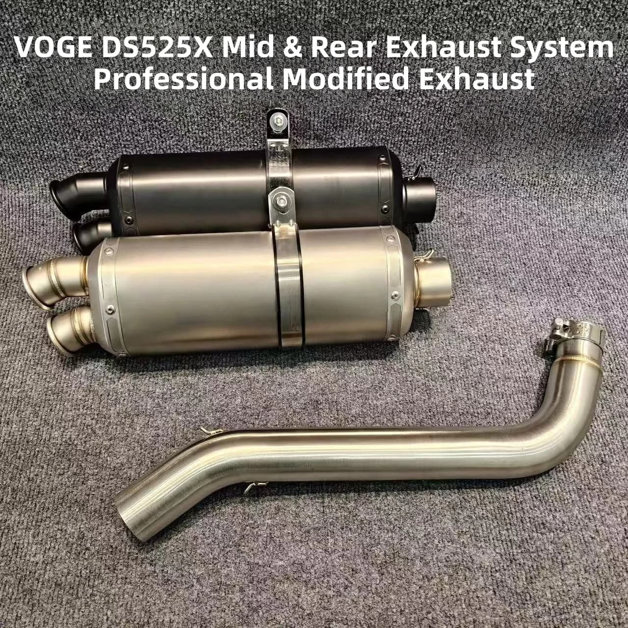Motorcycle exhaust system, fits VOGE DS525X, stainless steel mid and rear exhaust. Laser engraved logo or sticker logo optional
