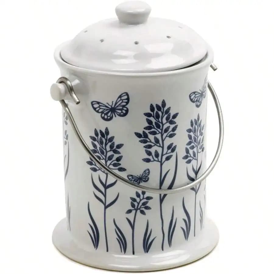 Ceramic Compost Bin With Lid And Handle, Butterfly Plant Pattern, 9L Capacity