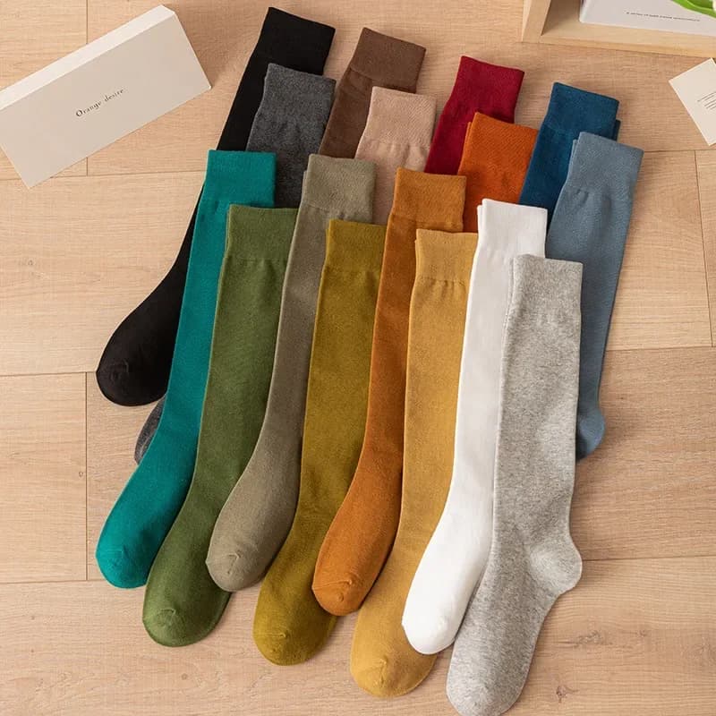 Women's Cotton Knee High Socks Sexy Jk Long Socks Black White Solid Calf Socks Japanese Korean Fashion Winter Warm Soft Slimming