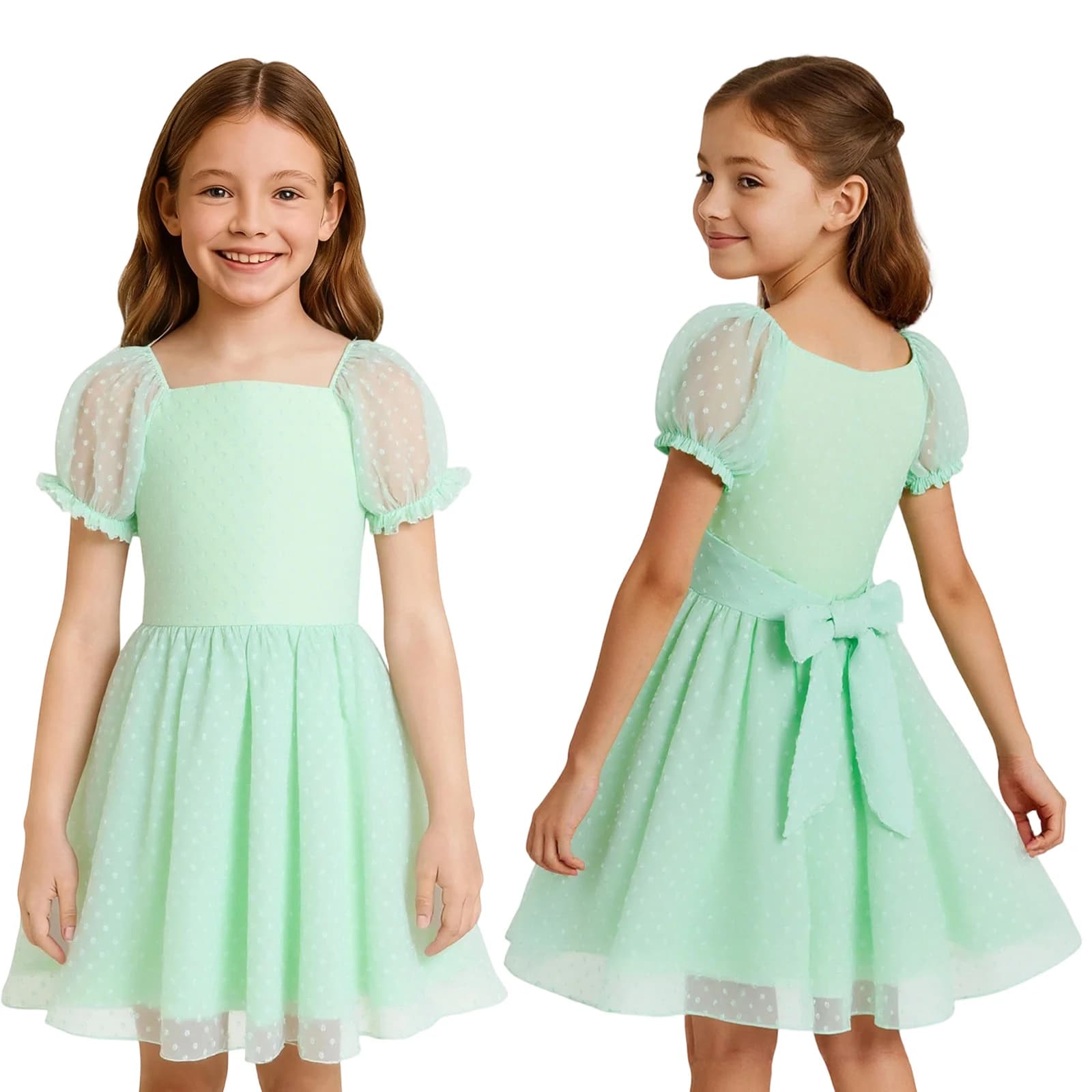 Girls Mint Green Puff Sleeve Dress 5-9Y | 100% Polyester Mesh Princess Party Dress with Bow(120-160)