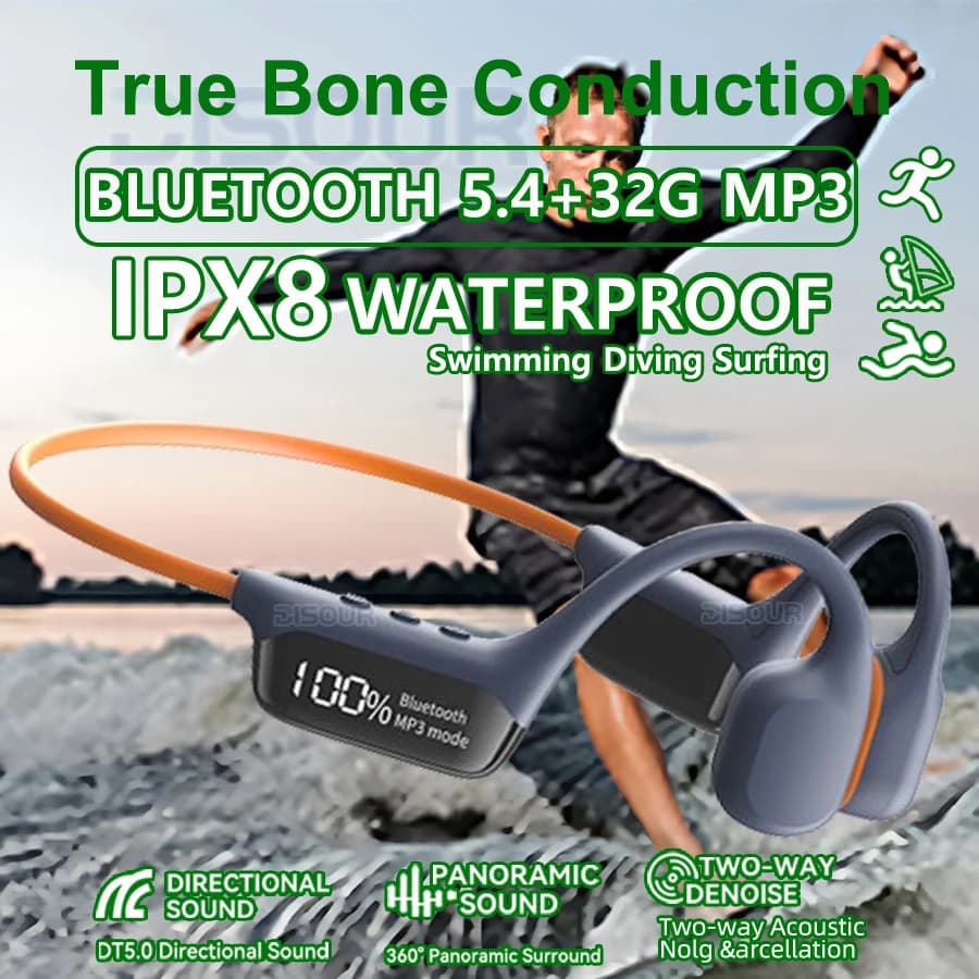 New Bluetooth 5.4 + (32G) MP3 Bass Smart Voice Wireless headset IPX8 Waterproof Nuoto Dives Headset