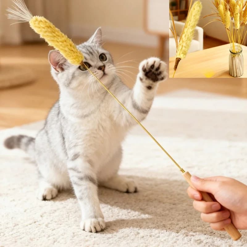 Giocattolo per Gatti con Bastoncino, Resistente ai Morsi, in Paglia Naturale con Campanello, Accessorio per Pulizia Denti e Divertimento
