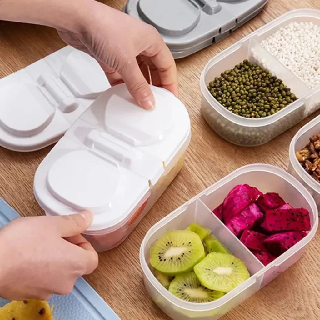 Contenitore per Alimenti a Doppio Scomparto con Coperchio, Contenitore Sigillato per Frutta Secca, Organizzatore Multifunzionale per Frigorifero