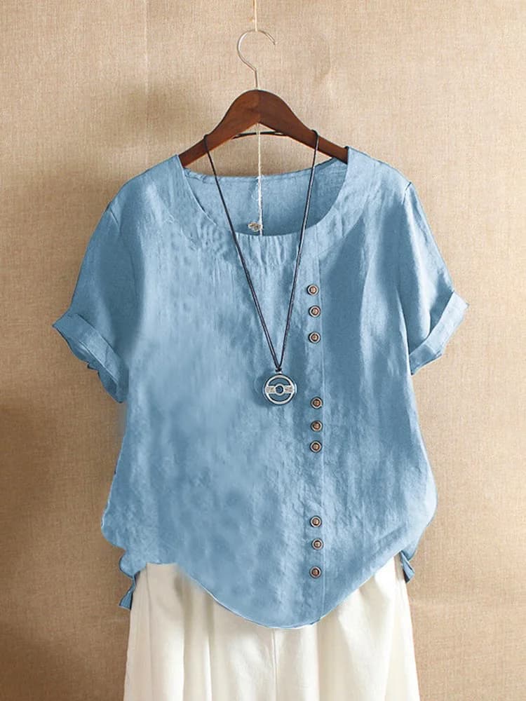 Women's Round Neck Short Sleeve Blouse Button Decor Loose Casual Daily Summer Tops