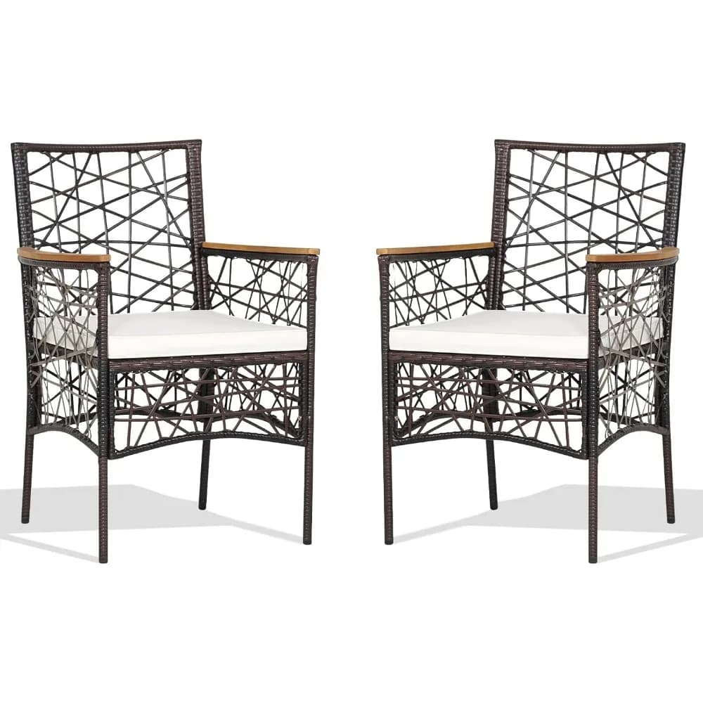 Set di 2 sedie da pranzo per esterni, sedie imbottite in vimini Patiojoy da patio con braccioli in legno di acacia, per portico, giardino