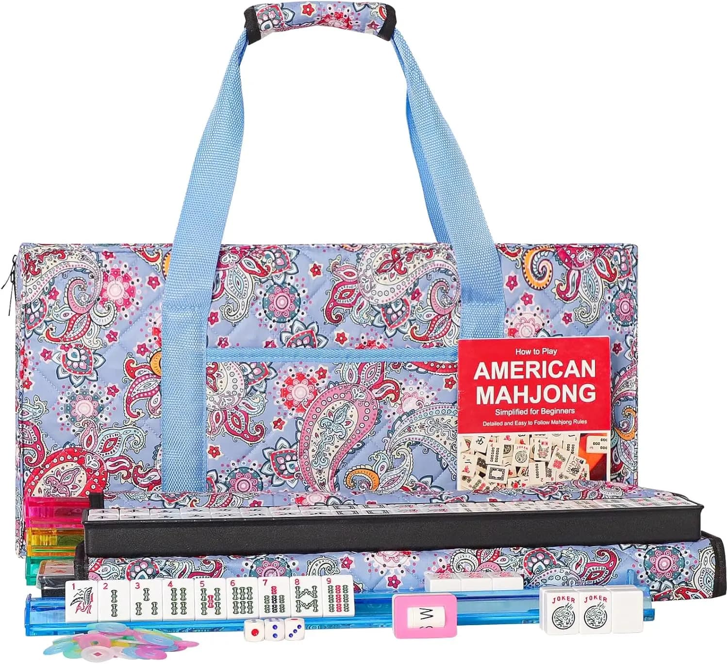 Set Mahjong Americano da 166 Tessere Bianche con 4 Supporti e Spingitori Tutto-in-Uno, Borsa Rettangolare con Stampa Blu, Mahjong Occidentale Completo
