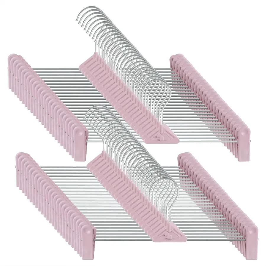 Pack of 50 coat hangers for pants, stackable coat hangers with clip for skirts and shorts, plastic space saving, pink