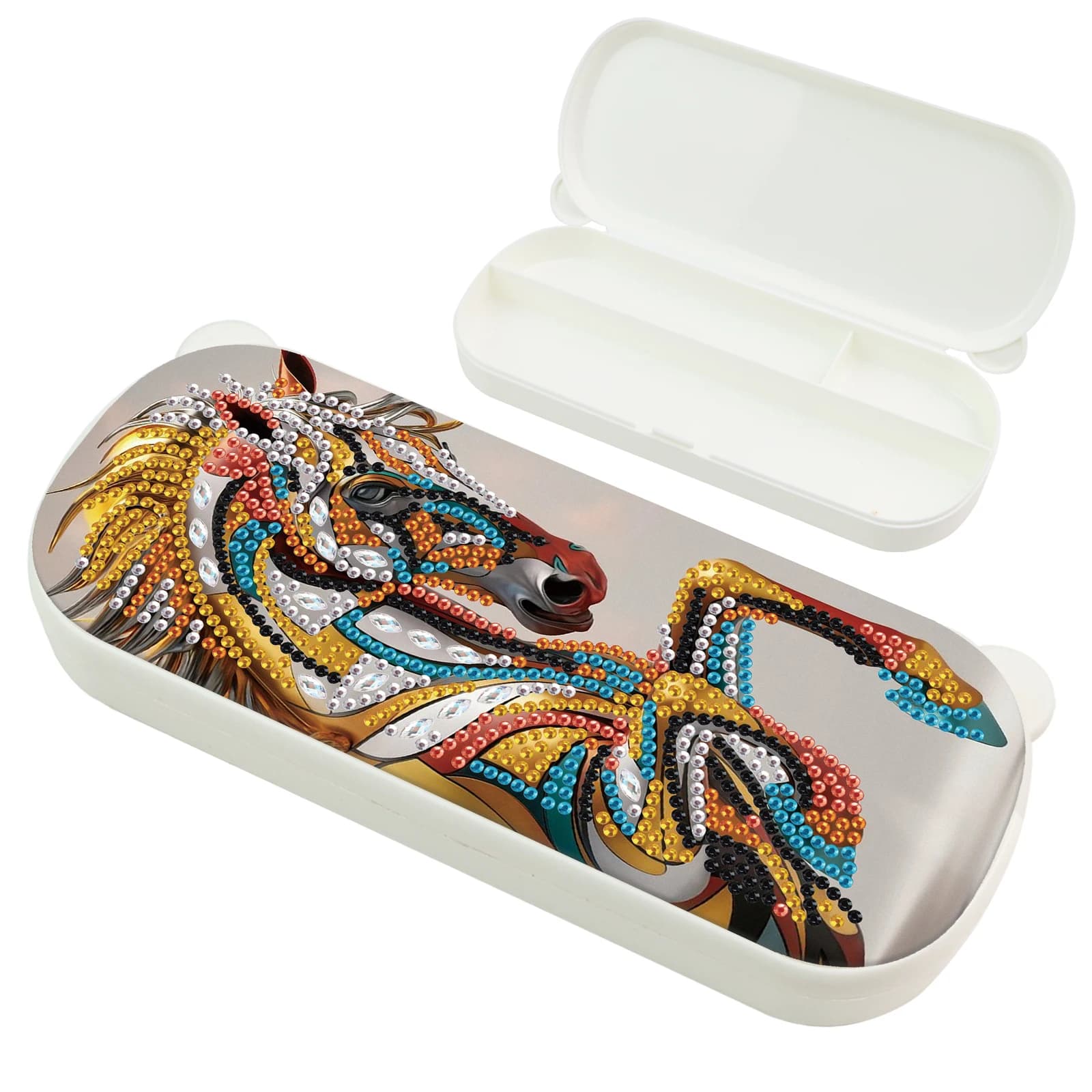 Kit di astucci per matite con pittura artistica con diamanti per adulti, scatola per matite con diamanti colorati con cavalli colorati, custodia per articoli di cancelleria