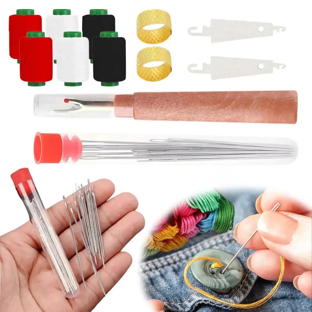 Set di strumenti per cucire da 37 pezzi Dispositivo per infilare l'ago affilato a forma ovale con filo per infilare l'ago Seam Ripper Ditale Secchio di stoccaggio