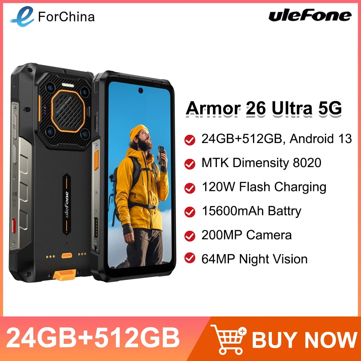 Ulefone Armor 26 Ultra 5G Smartphone Rugged Impermeabile 6.78 Pollici 120W 15600mAh Fotocamera 200MP Visione Notturna 64MP Android 13 NFC