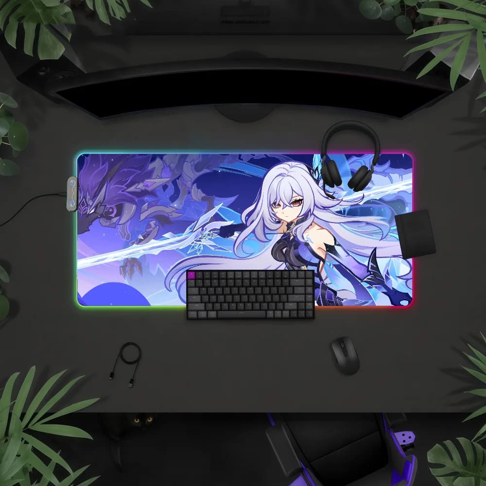 Tappetino per mouse Game Skirk Genshin Impact con luce LED RGB, tastiera da gioco colorata, copertura antiscivolo, superficie impermeabile
