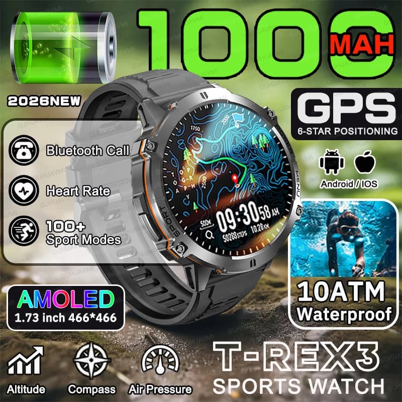 T-Rex 3 Smartwatch Sportivo Militare con Batteria Super da 1000mAh, Impermeabile 10ATM, GPS, Bussola, Altimetro, Orologio con Chiamate HD, per Nuoto