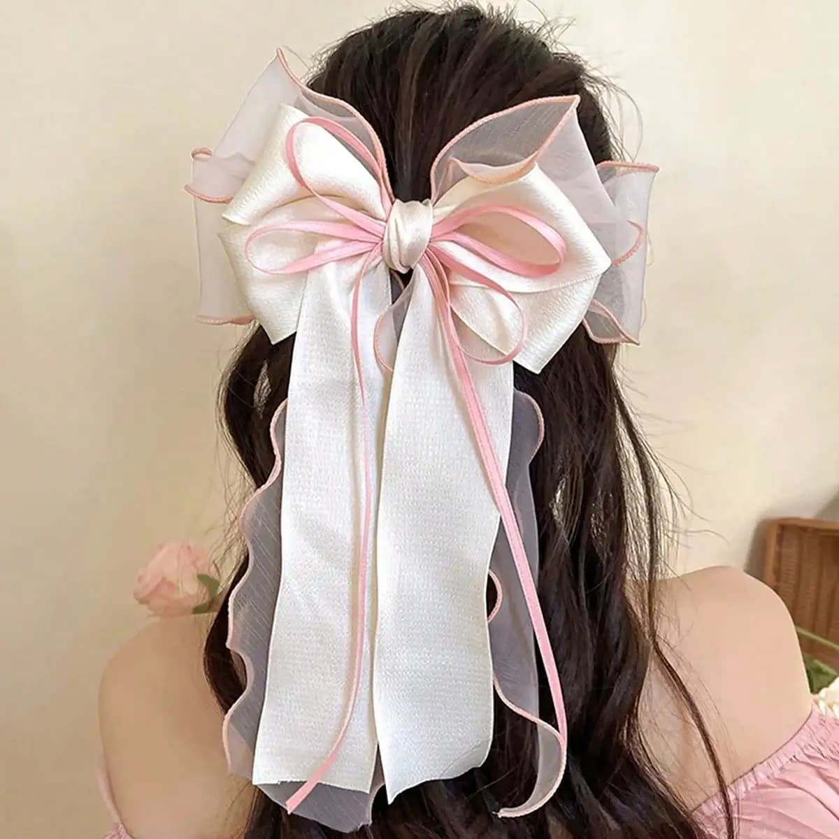 1 pcs ribbon with bow in pink lace clip for spring hair clips coquette long tail ribbon for women Christmas Valentine's wedding prom access