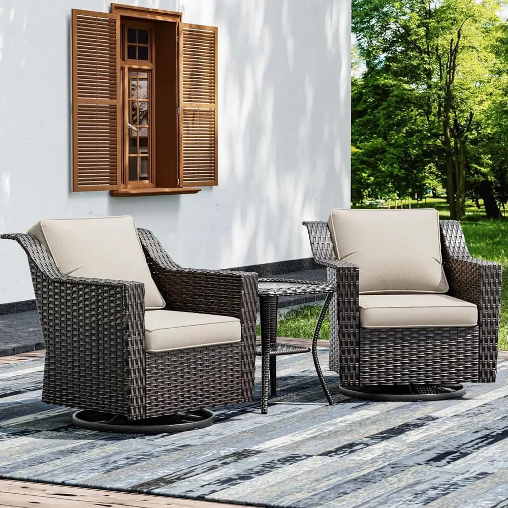 3-Piece Large Outdoor Patio Furniture Set with Swivel Chairs and Side Table, Plush Cushions, Wide Armrests