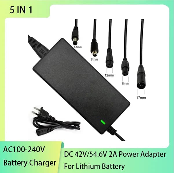 5-plug Lithium Battery Charger 42V 54.6V 2A DC EU/US Power Adapter Replaceable Plug Power Charger AC100-240V Power Adapters