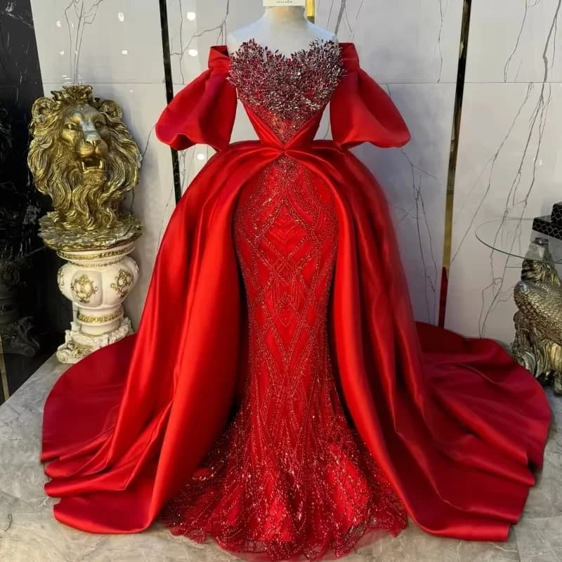 Detachable Middle Eastern Long Evening Dresses Red Beaded South African Dubai Saudi Arabic Black Girls Prom Gown Customized