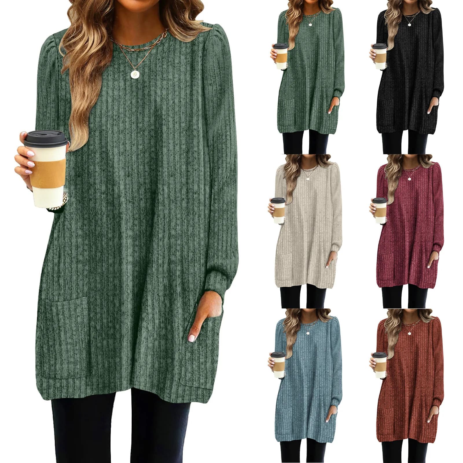 Nuove donne primaverili camicie lunghe soffio manica lunga girocollo casual tasche larghe camicette elegante streetwear donna tunica solida top
