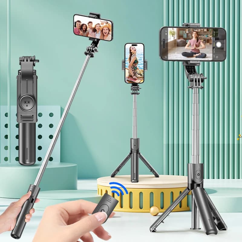 Tripod for selfie stick with detachable Bluetooth remote control, 360 ° Rotation, extendable pole, fill light option, for Android phone iPhone
