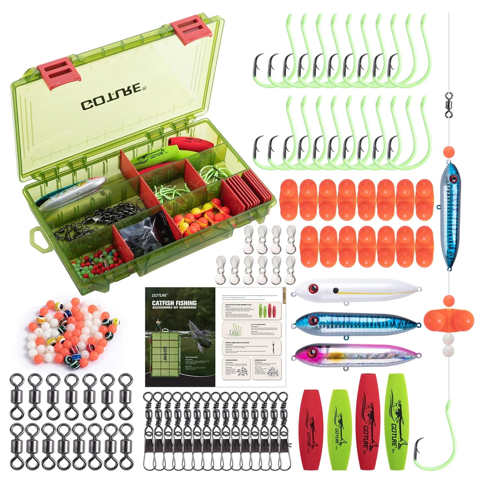 Goture 153pcs Catfish Fishing Rig Accessories Kit with Tackle Box EVA Floats Circle Hooks Swivels DIY Catfishing Set