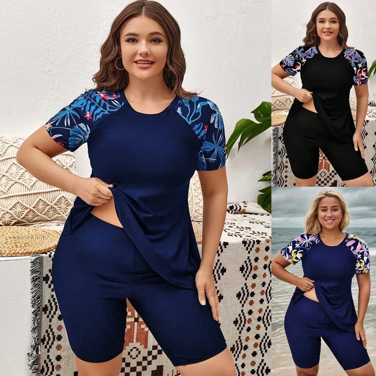 Swiming Suits Plus Size 4XL Tankini Two-Piece Swimsuit High Waisted Short Sleeve Skirted Boys Shorts Women Swimwear Bathing Suit