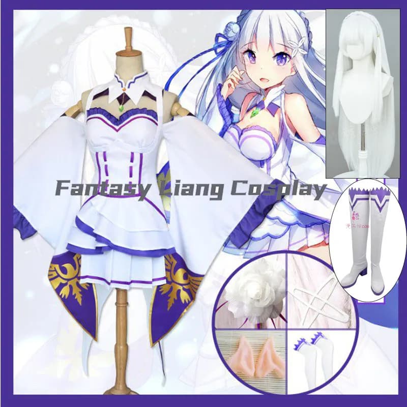 Costumi Cosplay Anime Emilia per Donne, Set Completo con Parrucca, Scarpe, Abito e Copricapo, Abbigliamento per Feste di Halloween e Carnevale