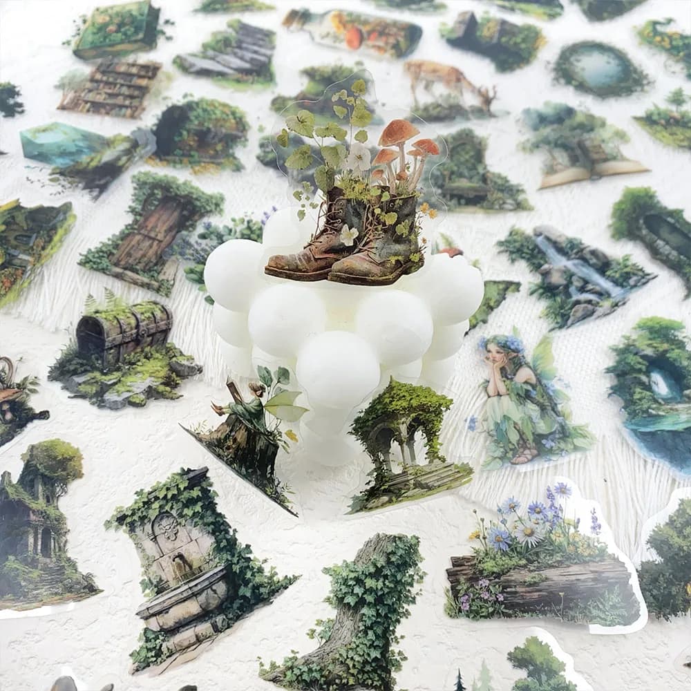 50 pezzi adesivi PET trasparenti a tema foresta decalcomanie per telefono laptop notebook valigia skateboard adesivi estetici cartoni animati fai da te