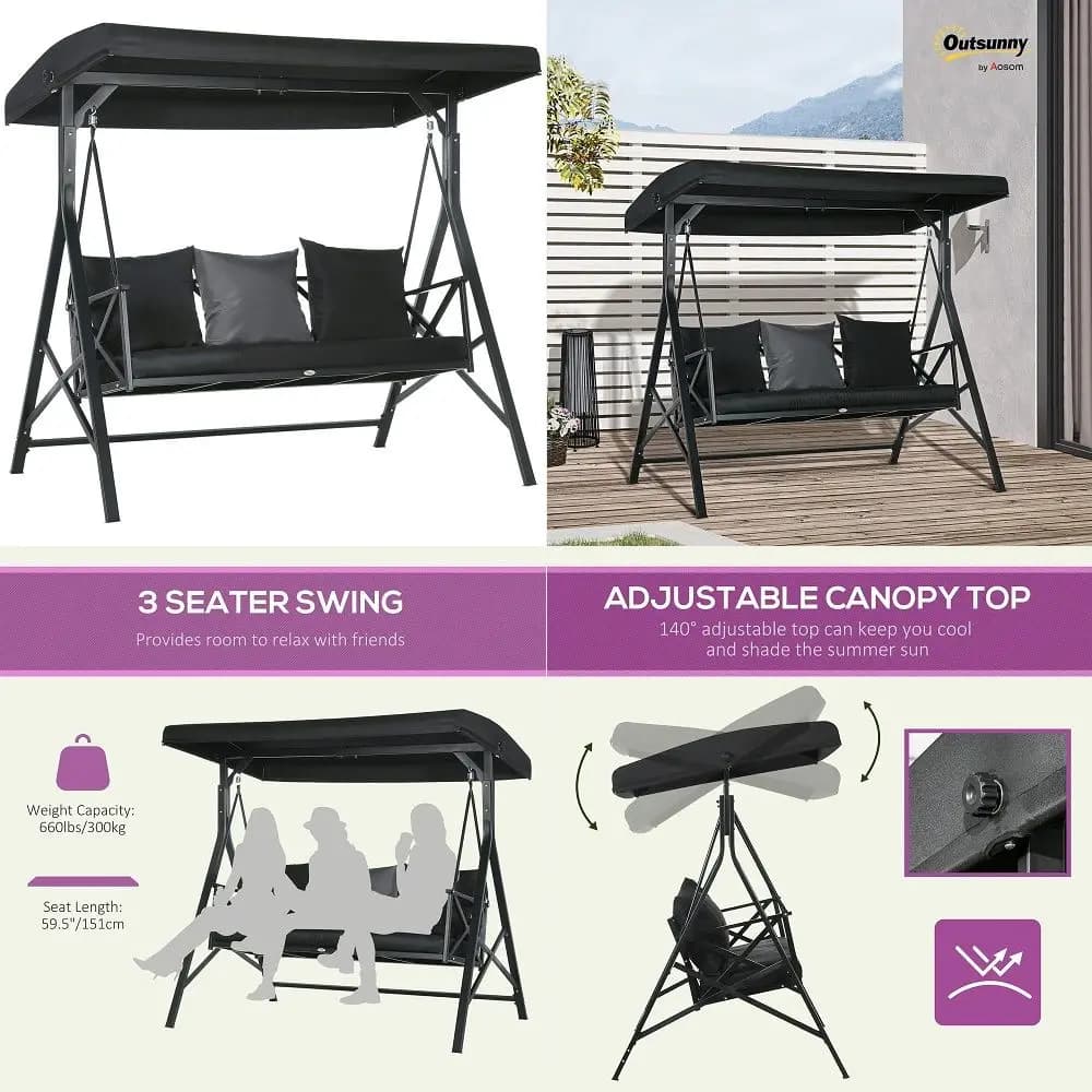3Seat Patio Swing Chair, Porch Swing Glider with Cushion, 3 Throw Pillows amp Adjustable Canopy for Porch, Garden, Poolside, Ba