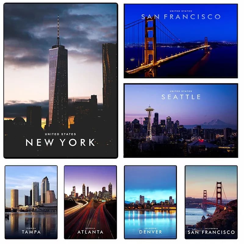 Americana Wall Art Canvas Print New York San Francisco City Skyline Retro Travel Poster Vintage US Landscape Painting Home De