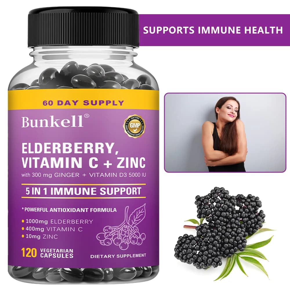 Sambuco Capsules with Vitamin C, Zinc, Zenzero - Supplement 4 in 1 for Immunitarian Support for Men and Women, Favour General Health