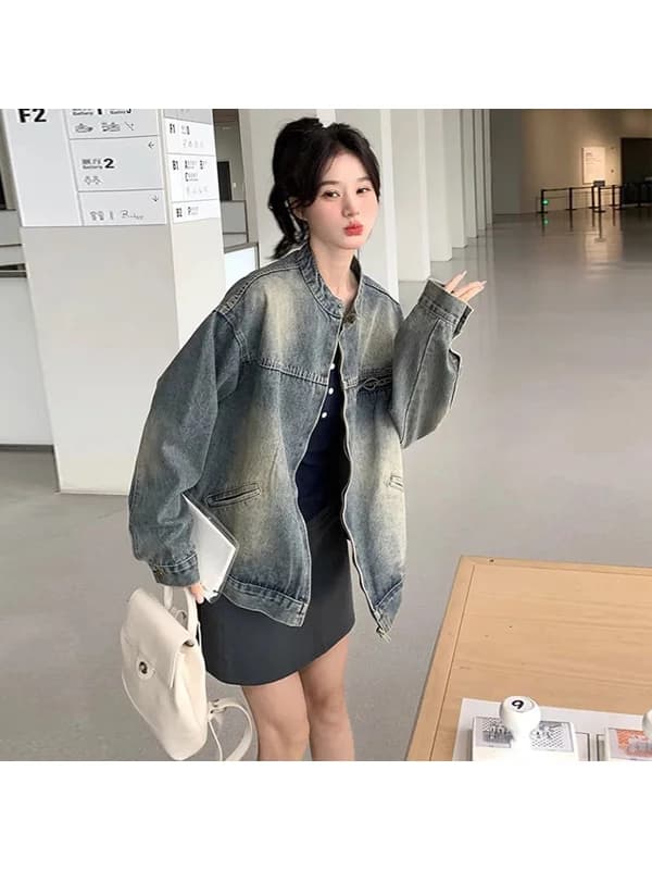 Retro Large Size Women's Denim Jacket Washed round Neck Workwear Spring Autumn New Style Faded Effect Long Sleeve Coat