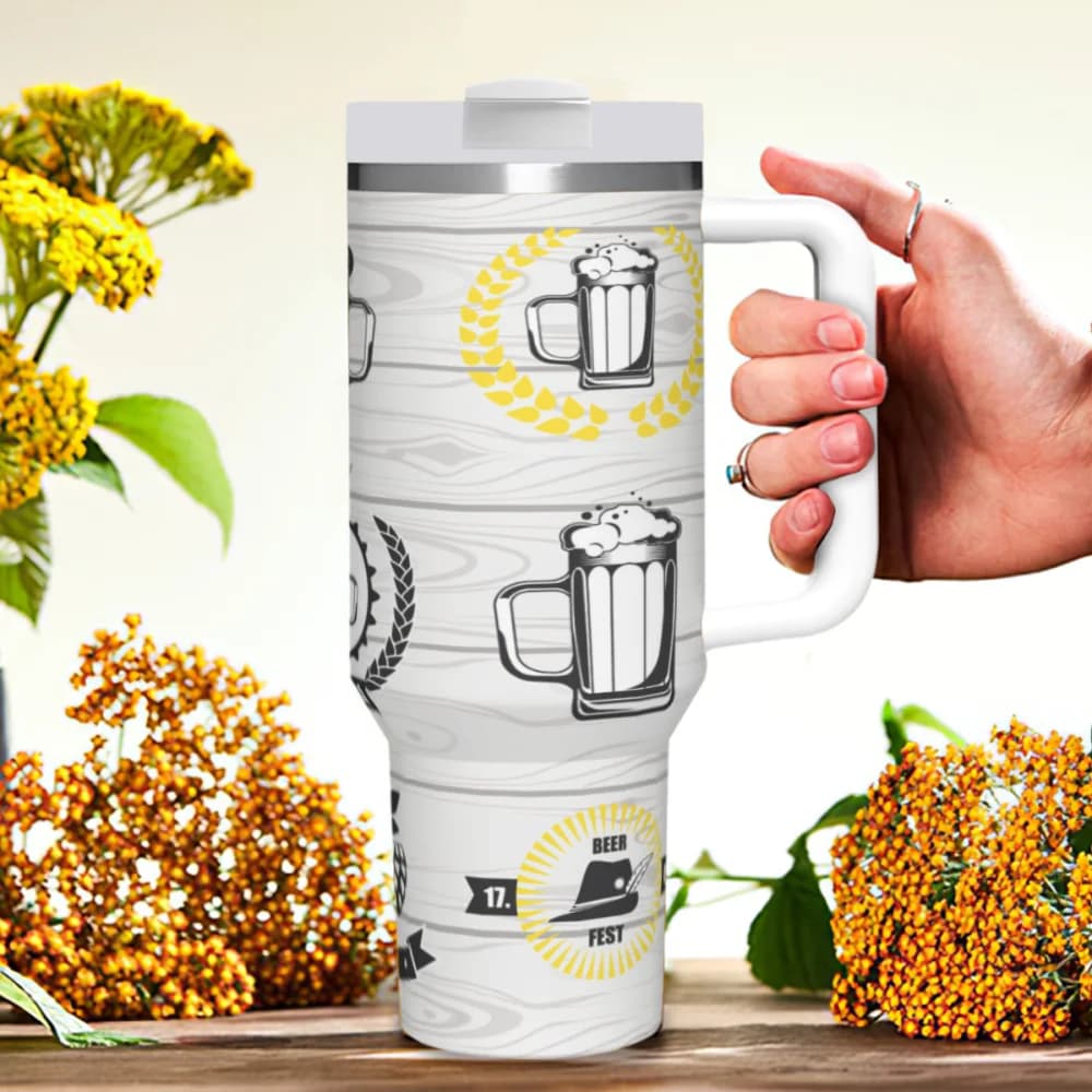 Tazza da viaggio da 40oz con manico, design effetto legno e bicchiere da birra, a doppia parete isolata, anti-goccia, facile da pulire, per auto e uso quotidiano