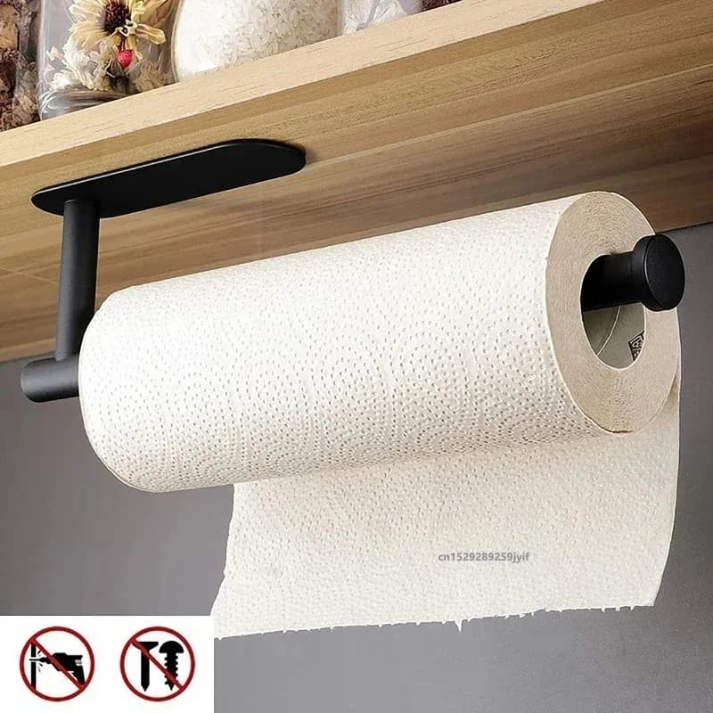 1PC Card Towel Holder Under Wardrobe Stainless Steel Wall Mount Kitchen Card Towel Holder Black Self Adhesive Without Drill Bathroom