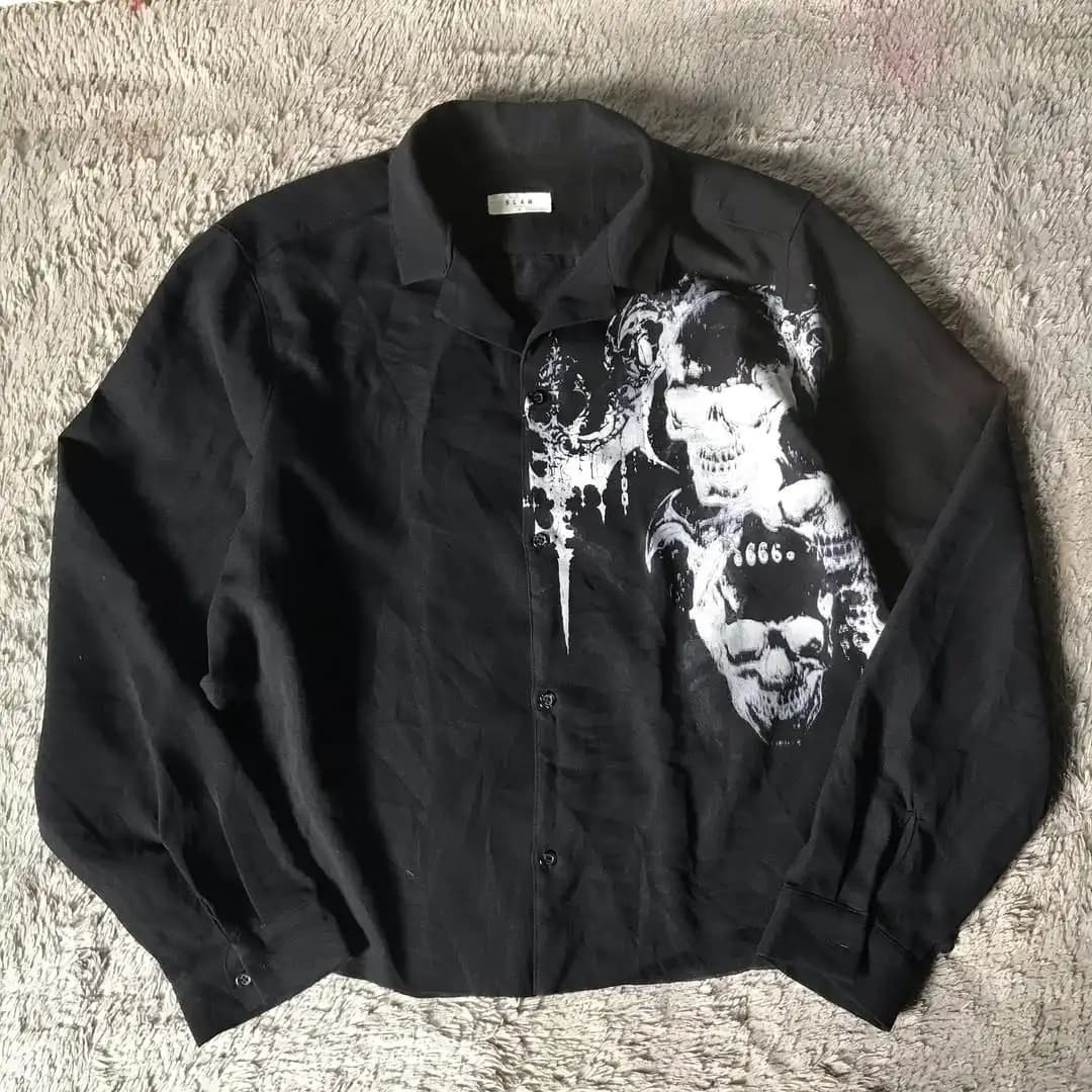 Y2K Nuovo Harajuku Camicia Nera Afflizione Retro Camicia Con Scollo A V Da Uomo Teschio Santo Scrittura Teschio Stampa Tee Moda Goth Maniche Lunghe Magliette E Camicette