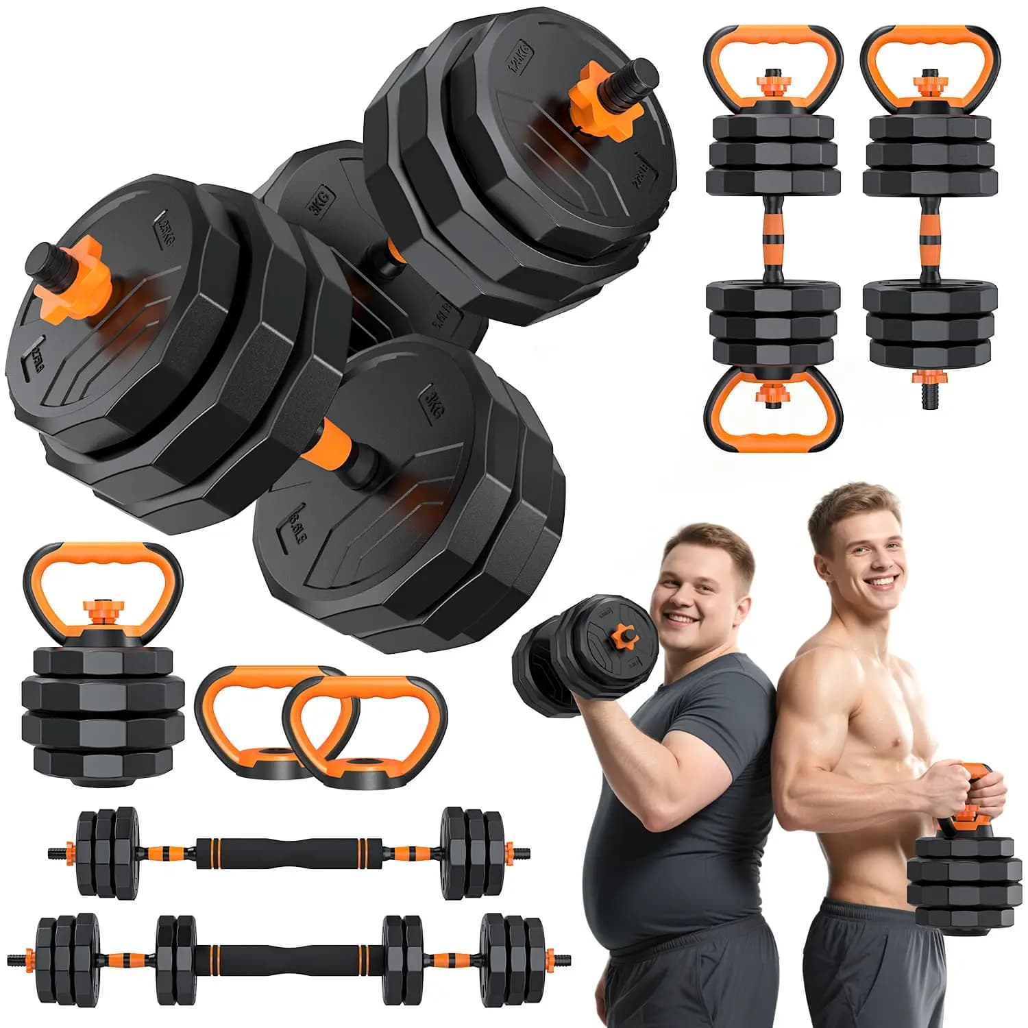 5-in-1 Adjustable Dumbbell 33-88lbs Connector Used as Kettlebell Barbell Push Up Stand 1" Plates Home Gym Women Men, Customized